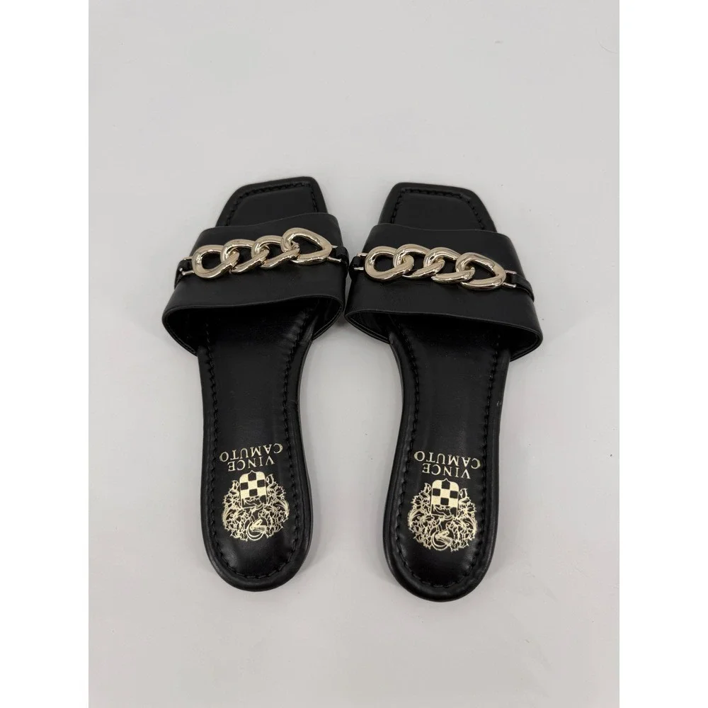 Vince Camuto Black Leather Gold Chain Link Square Toe Slide Sandals 7.5M/38